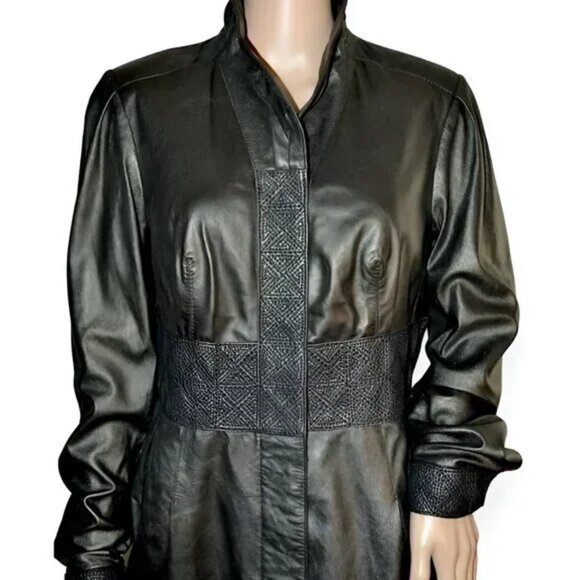 Gian Mori Designer Vintage 80s Black Leather Dress Duster Coat Jacket 40 M 6-8 - Picture 4 of 13
